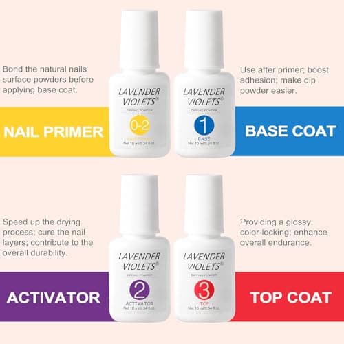 Lavender Violets Dip Powder Liquid Set with Nail Primer, Activator, Base and Top Coat Long Lasting for Dip Powder Nail Kit J781 - Thumbnail 6