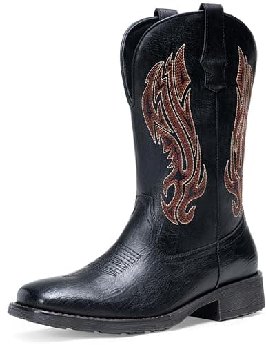 Jousen Cowboy Boots for Men Embroidery Men's Western Boots Retro Square Toe Mens Boot Botas(AMY8420 blackpu 10) - Image 1