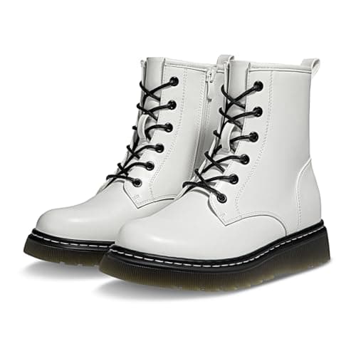Athlefit Women's Lace-Up Combat Boots Fashion Casual Low Platform Lug Sole Ankle Booties with Side Zipper for Music Festival,White,Size 11,AD01863 - Image 1