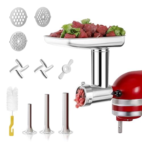 Stainless Steel Food Grinder Attachment for KitchenAid Mixers, Heavy-Duty Metal Meat Grinder with 3 Sausage Stuffers & Grinding Plates, Dishwasher Safe Accessories by Rafbar