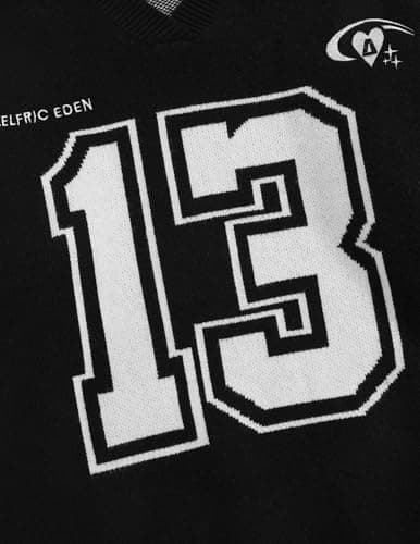 Aelfric Eden Graphic Polo Sweater Women Oversized V Neck Knit Sweaters Y2k Long Sleeve Pullover Vintage Number Sweater Tops Black - Thumbnail 4