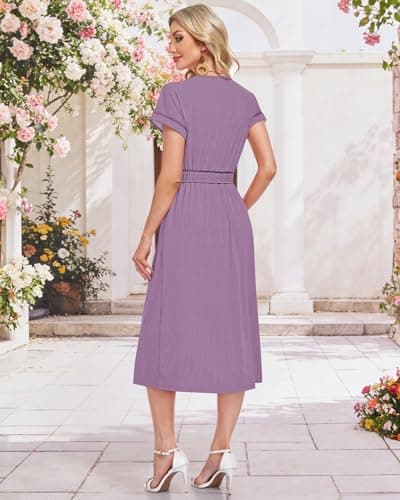 MOLERANI Womens Casual V Neck Short Sleeve Midi Dress 2026 Waffle Knit Button Elastic Waist Pockets Flowy A Line Summer Dress for Beach Vacation Resort Wear Cruise Dresses, Mauve, XL - Thumbnail 5