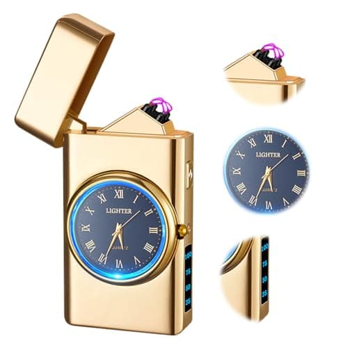 TIKIUKI Windproof Dual Arc USB Rechargeable Clock Plasma Lighter with LED Display Lighter for Camping, Hiking, Candles, Barbecues and Outdoor Adventures Carry(Gold) - Image 1