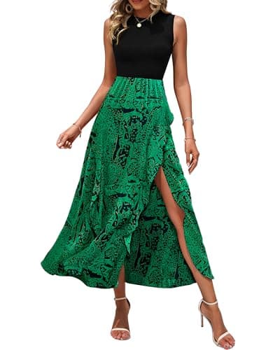 BTFBM Summer Dresses for Women 2026 Casual Spring Floral Sleeveless Ruffle Boho Cocktail Wedding Guest Party Midi Dress(Print Black Green, Small) - Image 1