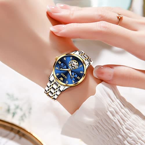 OLEVS Automatic Watches for Women Blue Face Elegant Self Winding Womens Watch Moon Phase Stainless Steel Waterproof Watch Luminous Mechanical Ladies Watches - Thumbnail 4