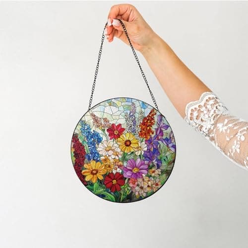 Colorful Wildflowers Suncatcher -7.9 in Stained Glass Window Hanging Sun Catcher Garden Decor - Thumbnail 5
