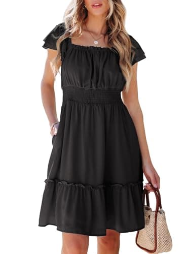 Dokotoo Cocktail Dresses for Women Oversized Dress Smocked Tiered Ruffle Elastic Waist A-Line Casual Midi Black Dress Square Neck Short Sleeve Sexy Dresses for Wedding Guest Medium - Image 1