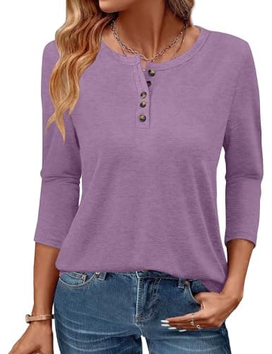 GKBK 3/4 Sleeve Womens Tops Fall Clothes Henley Casual Spring Summer Lightweight Basic Tunic Shirts Purple - Image 1