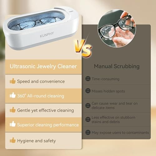 KUNPHY Ultrasonic Jewelry Cleaner, Jewelry Cleaner Machine 12oz 46KHz, Professional Sonic Cleaner with One-Touch Operation, Sonic Cleaner for Rings, Glasses, Jewelry, Dentures White - Thumbnail 4