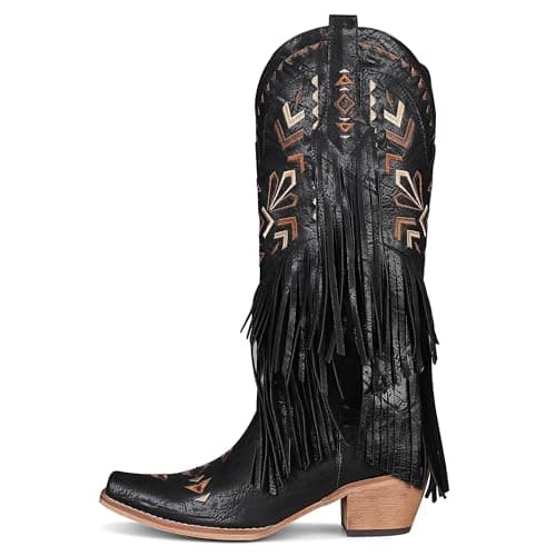SaraIris Women's Black Cowgirl Boots Knee High Boots Fringe Boots Tassel Boots Western Boots Pointed Toe Boots Cowboy Boots for Women - Thumbnail 4