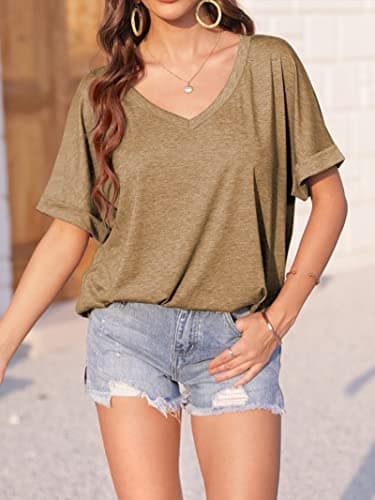 Langwyqu Women's Oversized T Shirts V Neck Short Sleeve Summer Casual Loose Tops Tees Khaki - Thumbnail 5