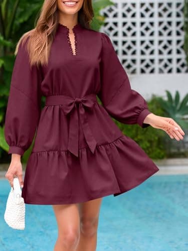 Cicy Bell Womens Puff 3/4 Sleeve Mini Dresses Bow Tie Waist V Neck Casual Trendy Ruffle Tiered Short Dress - Thumbnail 5