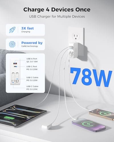 SUPERONE Retractable Charger with Dual USB Ports, 78W Retractable Wall Charger with USB C and Apple Charging Cables, USB C Charger Block for Phone 17/16/15/14/13/12/11 Series, Galaxy S25 24, Pixel - Thumbnail 3