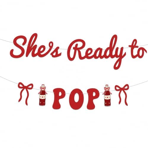 She's Ready to Pop Banner - Pre-Strung About to Pop Baby Shower Decorations for Girl Boy, Soda Cola Theme Gender Reveal Party Garland Sign Bunting, Shiny Red Bows & Soda Bottle Photo Props - Image 1