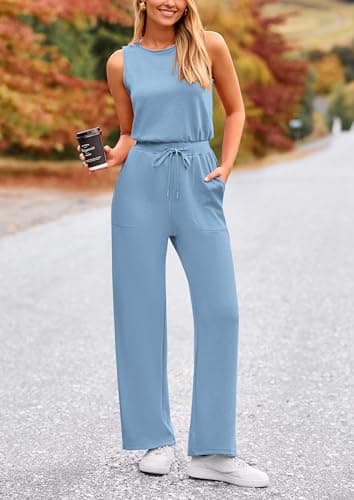 PRETTYGARDEN Jumpsuits for Women Casual 2026 Summer Sleeveless Wide Leg Pants Rompers One Piece Beach Vacation Spring Outfits (Light Blue,X-Large) - Thumbnail 6