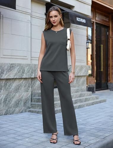 difficort Womens 2 Piece Outfits Round Neck Vest Sleeveless Tops Straight Leg Pants Matching Outfits,Dark Grey,Large - Thumbnail 3