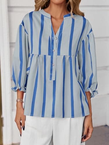 Tankaneo Womens Puff Sleeve Babydoll Tops Summer V Neck Striped Blouse Cute Casual Loose Fit Flowy Shirts Grey - Thumbnail 3