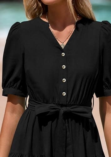 PRETTYGARDEN Summer Dresses for Women 2026 Elegant Classy Short Sleeve V Neck Ruffle A Line Belted Long Beach Vacation Dress (Black,X-Large) - Thumbnail 5