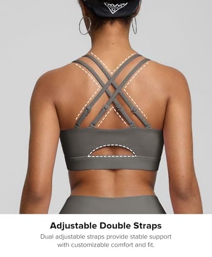 BRXL Padded Sports Bra Push Up Sports Bra Adjustable Spaghetti Strap Light Impact Cross Back Yoga Workout Buttery Soft Grey - Thumbnail 3