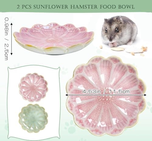 Hamster Food Bowl，2 Pcs Sunflower Hamster Bowls,Hamster Ceramic Food Bowl，Food Dish for Small Animals Hamster Guinea Pig Rat Mice Gerbil Dwarf (Pink+Green) - Thumbnail 2