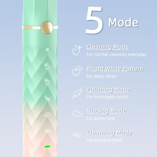 Sonic Electric Toothbrush Set, Equipped with 10 Brush Heads and Travel Case, IPX8 Waterproof, 2-Minute Timer, 42000 High-Frequency Vibrations, 5 Modes, The First Choice for Gift Giving, Green Pink - Thumbnail 5