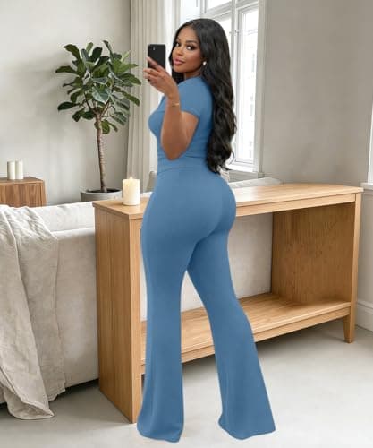 ABKY Two Piece Sets For Women Summer Ribbed Short Sleeve V Neck Polo Top Wide Leg Pants Set Casual Tracksuit Brunch Outfits Blue XL - Thumbnail 4