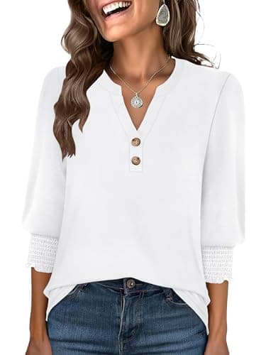 ANRABESS Women's 3/4 Sleeve Henley Blouse, Soft V Neck Top for Dressy Casual, Work & Business Office Wear White Small