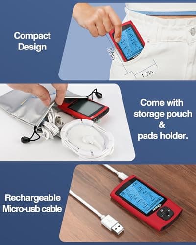 NURSAL 24 Modes TENS Unit Muscle Stimulator, Rechargeable Electronic Pulse Massager with 8 Pads for Back and Shoulder Pain Relief and Muscle Strength (Red) - Thumbnail 6