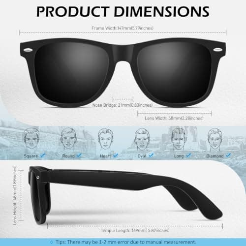Sunier Polarized Sunglasses for Men and Women Eyewear, UV400 Lens Retro Classic Square Shades 2 Pack,SR003 - Thumbnail 5