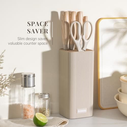 Astercook Knife Set, 6-Piece Kitchen Knife Set with Block, High Carbon Stainless Steel Ultra Sharp Kitchen Knives, Wood Grain Handle, Dishwasher Safe Knife Block Set, Khaki - Thumbnail 3