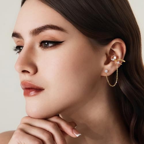 Cicy Bell 18k Gold Ear Cuff Stud Chain Earrings for Women Dainty Tassel Drop Dangle Cubic Zirconia Clip On Climber Crawler Wrap Earrings Jewelry Gifts Birthday Party - Thumbnail 5
