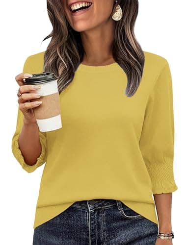 Totatuit Womens 3/4 Puff Sleeve Sweaters Ladies Elegant Crew Neck Lightweight Knit Casual Business Tops Shirts Yellow Small - Image 1