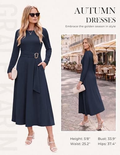 GRACE KARIN Womens Long Sleeve Maxi Dresses 2026 Casual A Line Flowy Wedding Guest Dress Fall Fashion Clothes with Pockets Navy L - Thumbnail 2
