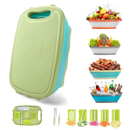 Gintan Camping Cutting Board, 9-in-1 Collapsible Chopping Board with Colander, Kitchen Vegetable Washing Basket for Camping, Camping Gifts Camping essentials for RV Campers (Blue Green) - Image 1