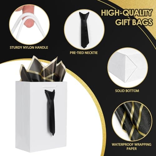 2 Pcs Fathers Day Gift Bags, white Gift Bags with Handles and Pre-Tied Blue Tie, 2 tissue paper and 2Greeting Cards,Fathers Day Gift Bag, birthday gift bags for men boy, Teacher Appreciation gift bags,Graduation Party Wedding gift bags (Small white/black) - Thumbnail 3