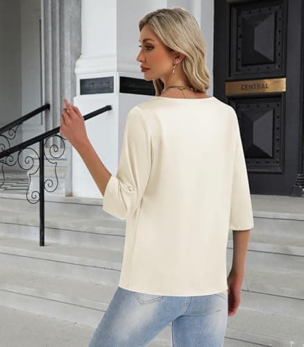 2026 Womens 3/4 Sleeve Shirts Dressy Casual Tops Pleated Satin Silk Business Blouses Apricot - Thumbnail 2