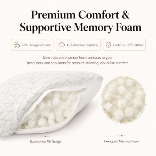 Luneast Memory Foam Pillows for Sleeping Adjustable Bamboo Blend Breathable Bed Pillow for Side, Back, and Stomach Sleepers Washable Pillow Cover Dream Cloud Queen Size 18X28 in - Thumbnail 4