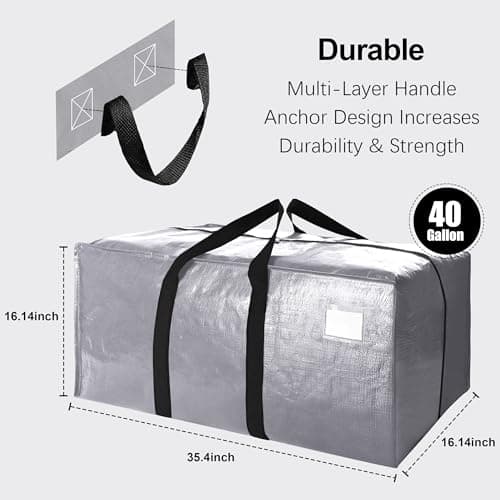 6 Pack Heavy Duty Extra Large Moving Bags W/Backpack Straps - Strong Handles & Zippers, Storage Totes For Space Saving, Fold Flat, Alternative to Box and Bin (40 gal, Silver) - Thumbnail 2