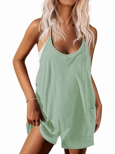 Ekouaer Rompers for Women Summer Casual Sleeveless Spaghetti Strap Shorts Overalls Jumpsuits Beach Outfits with Pockets Light Green S - Image 1