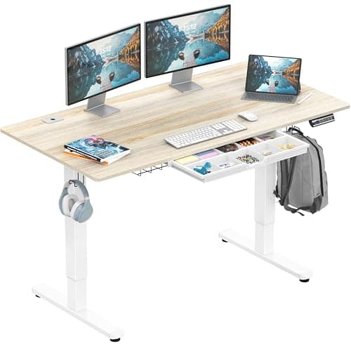 SHW 55 x 28 Inches Electric Height Adjustable Standing Desk with Drawer and Memory Preset, Maple - Image 1