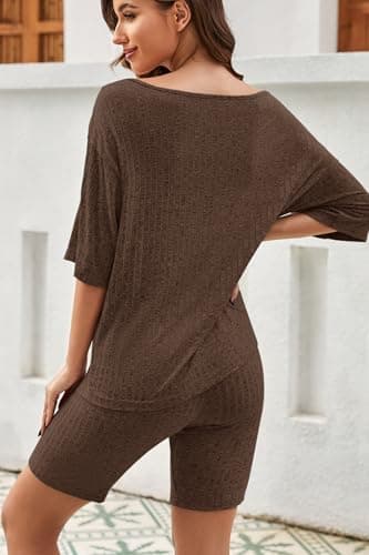 Molirex Biker Short Sets Women 2 Piece Outfits Off Shoulder 3/4 Sleeve Summer Pajamas Ribbed Knit Oversized Tracksuit Coffee M - Thumbnail 3