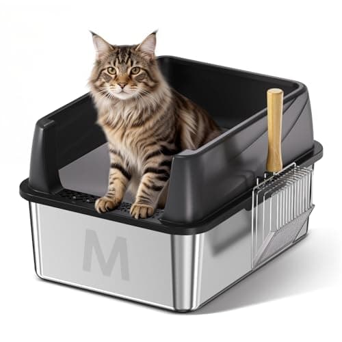 Stainless Steel Litter Box with Lid: Metal Cat Litter Box for Small Cats with Scoop, High Sided Kitty Litter Pan Tray, 17.4'' x 13.5'' x 8.5'', Non-Stick, Anti-Leakage, Easy Cleaning (Black)