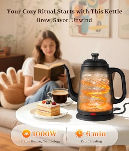 YTLAD Gooseneck Electric Kettle 1L, 1000W Fast Boiling for Pour-Over Coffee & Tea, 304 Stainless Steel BPA-Free, Precise Flow Spout, Auto Shut-Off & Boil-Dry Protection, Retro Style (Black) - Thumbnail 2