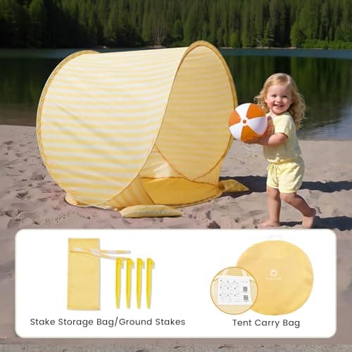 Tiny Land Baby Beach Tent – Pop Up Baby Tent with UV Protection, Portable Baby Beach Essentials, 35.4"x27.6"x31.5" Sun Shelter for Infants, Baby Summer Outdoor Use (Pastel Yellow Stripes) - Thumbnail 6