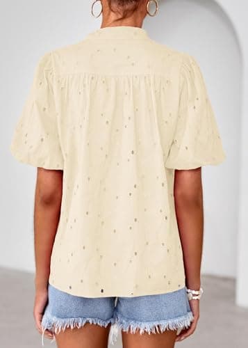 Lazysmile Summer Boho Tops for Women Short Sleeve V Neck Button Down Hollow Out Lace Embroidered Blouses Shirts Apricot - Thumbnail 2