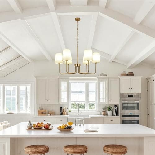 Omgomne Brushed Gold Farmhouse Chandelier with White Fabric Shades, 29.5” 5-Light Modern Dining Room Light, Vintage Rustic Hanging Pendant Lamp for Kitchen Island, Bedroom, Living Room, E12 Base - Thumbnail 6