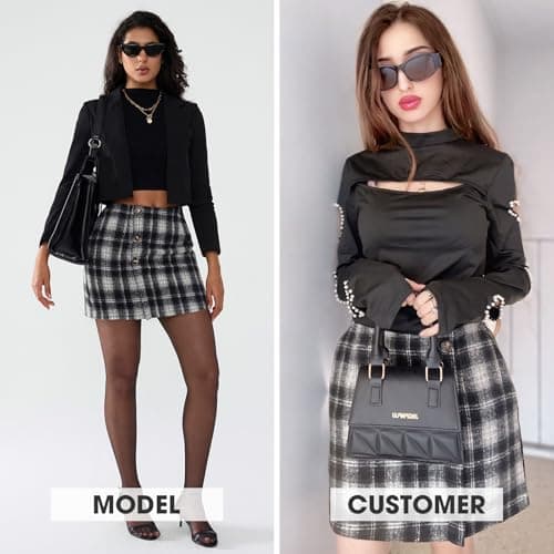 EXLURA Womens Faux Wool Plaid Mini Skirt Elastic High Waisted Tweed Skirts Button Bodycon Skirt Fall Winter Outfit Pocket - Thumbnail 4