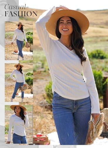 Dokotoo Long Sleeve Shirts for Women Comfy Fashion V Neck Solid Womens Tops Dressy Casual Trendy Loose Comfy Lightweight Basic Tee Shirts Ladies Business Side Ruched Slim Fitted Blouses White Medium - Thumbnail 4