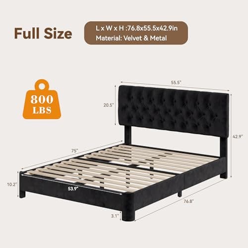 Vipbear Full Bed Frame, Velvet Fabric Upholstered Platform Bed with Button Tufted Headboard, Strong Wooden Slats Support, Noise Free, Easy Assembly, Adjustable Headboard, No Box Spring Needed, Black - Thumbnail 2