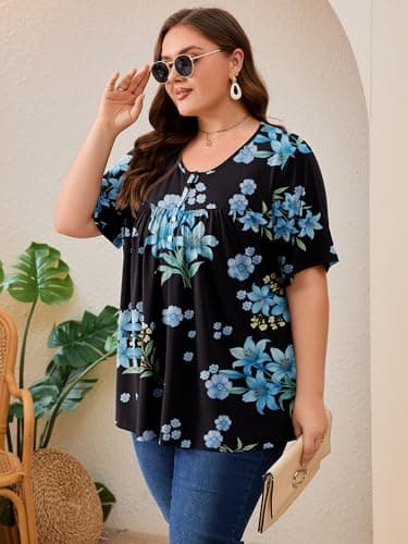 AusLook Plus Size Floral Tunic Tops for Women Pleated Babydoll Blouse Short Sleeve Round Neck Loose Fit Casual Flowy Black Blue Lily Bouquet 4X Tunic Shirts Summer Tops to Wear with Leggings - Thumbnail 3